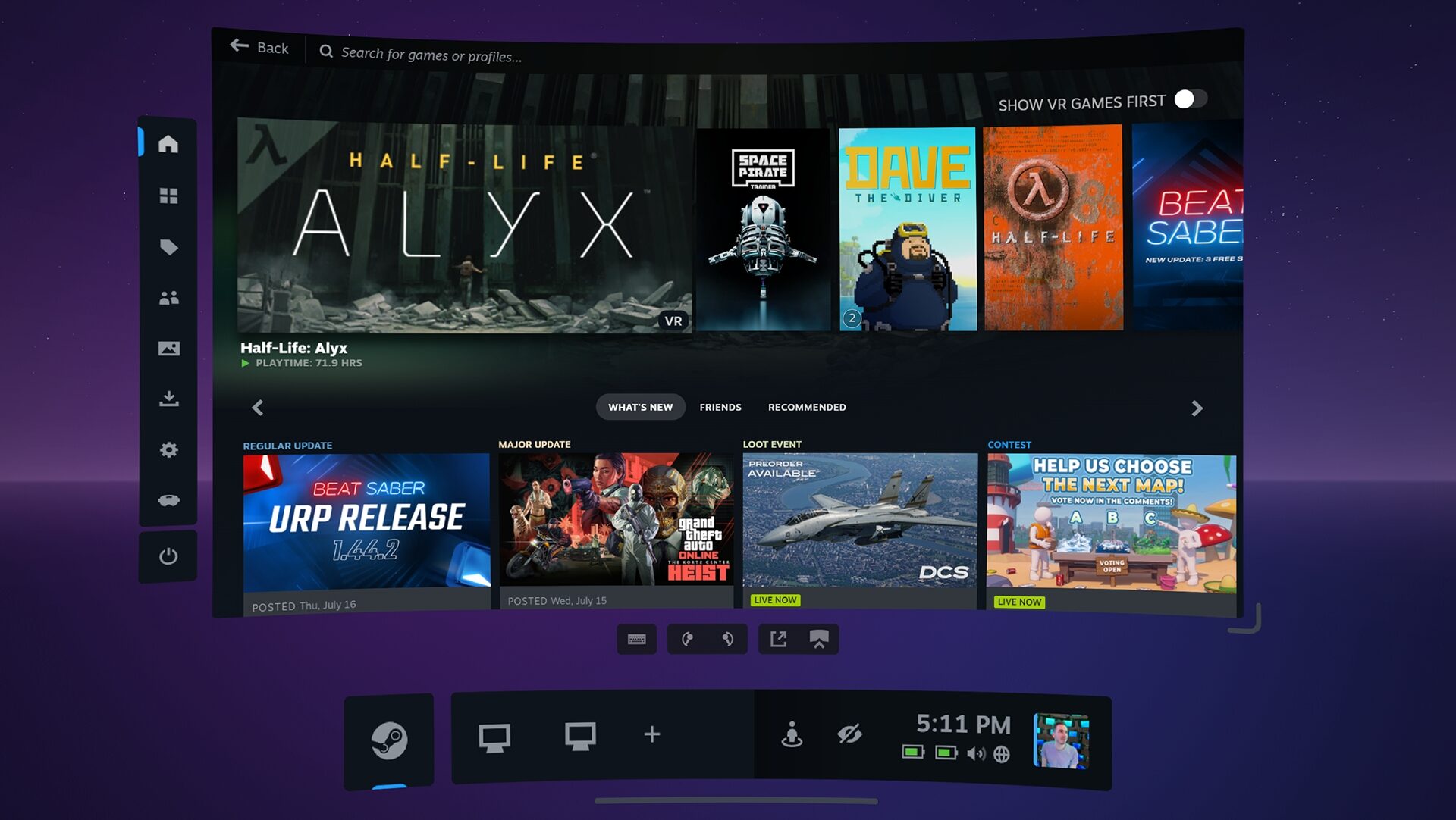 SteamVR Beta 2.17.4 — новый дизайн дашборда